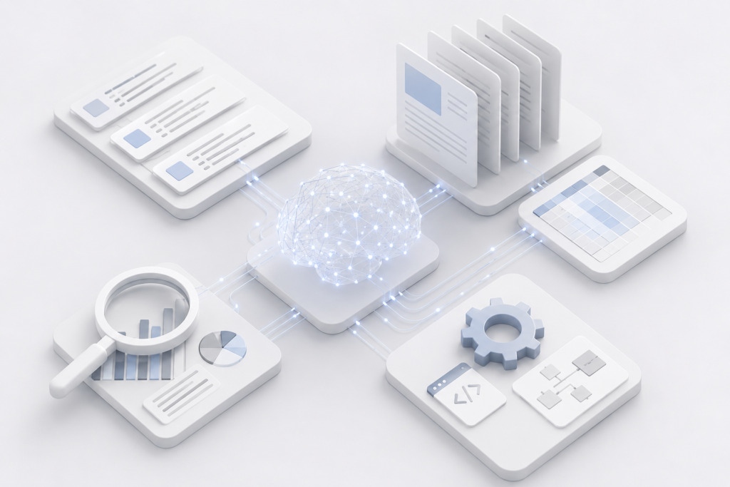 cifrovaya-analitika-i-iskusstvennyj-intellekt-1024x683 3D-иллюстрация цифровой аналитики с искусственным интеллектом, документами, графиками и настройками